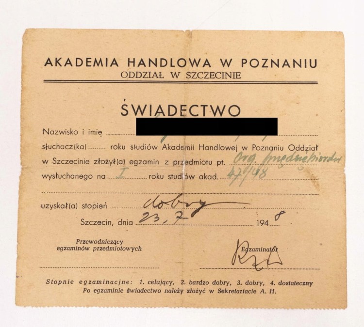 ŚWIADECTWO AKADEMIA HANDLOWA POZNAŃ SZCZECIN 1948
