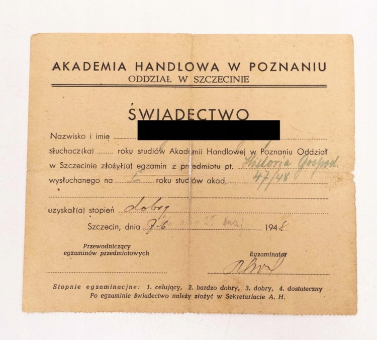 ŚWIADECTWO AKADEMIA HANDLOWA POZNAŃ SZCZECIN 1948