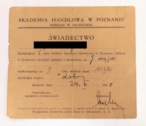 ŚWIADECTWO AKADEMIA HANDLOWA POZNAŃ SZCZECIN 1948