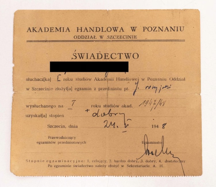 ŚWIADECTWO AKADEMIA HANDLOWA POZNAŃ SZCZECIN 1948