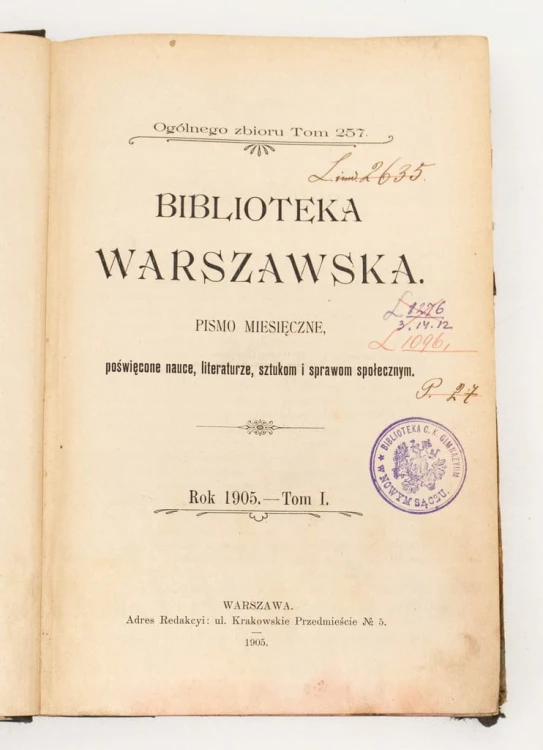 STARA KSIĄŻKA BIBLIOTEKA WARSZAWSKA TOM I 1905