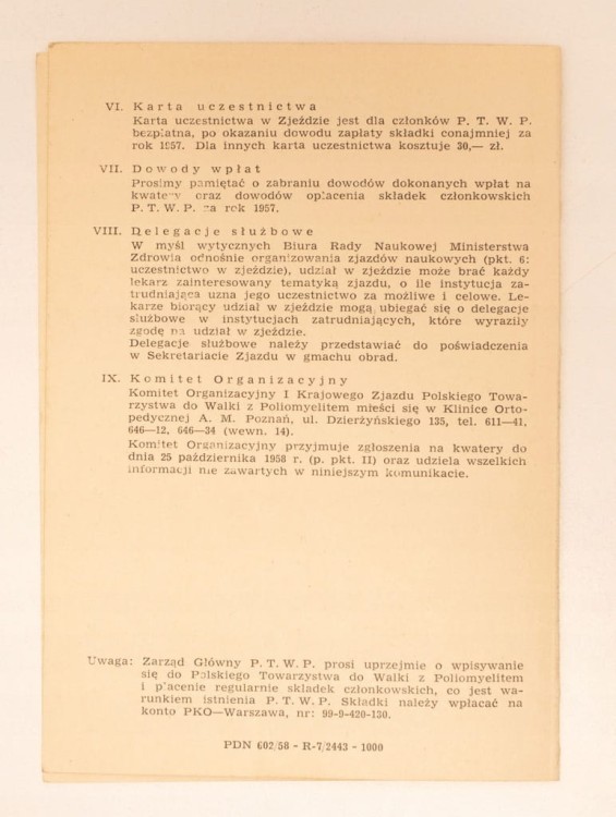 I ZJAZD POL. TOW. DO WALKI Z POLIOMYELITEM 1958