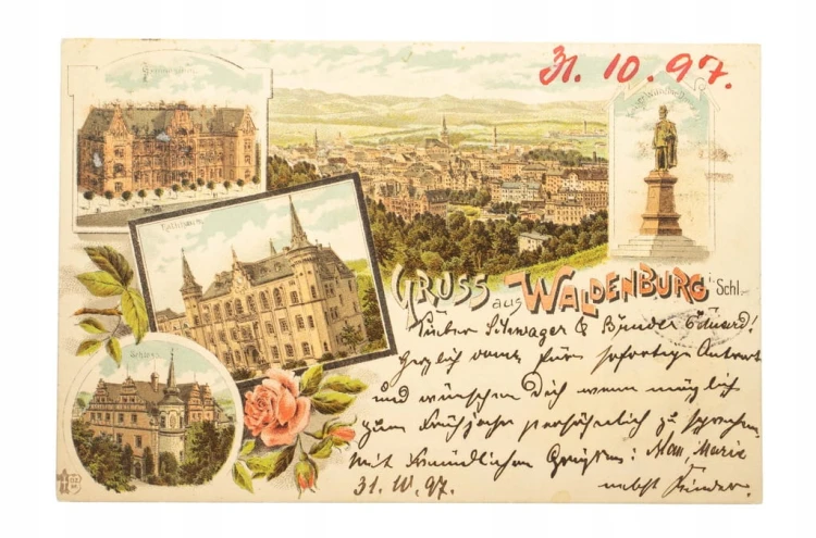 WAŁBRZYCH - PANORAMA, RATUSZ, SZKOŁA, POMNIK 1897