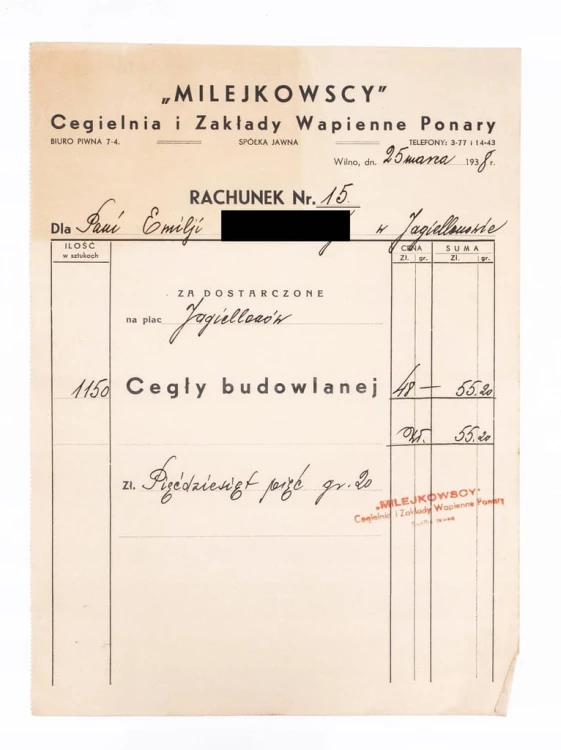 RACHUNEK - MILEJKOWSCY, CEGIELNIA I ZAKŁADY WAPIENNE PONARY, WILNO 1938