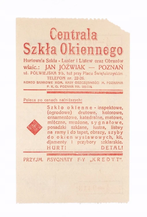 STARY RACHUNEK - CENTRALA SZKŁA OKIENNEGO JAN JÓŹWIAK, POZNAŃ 1937