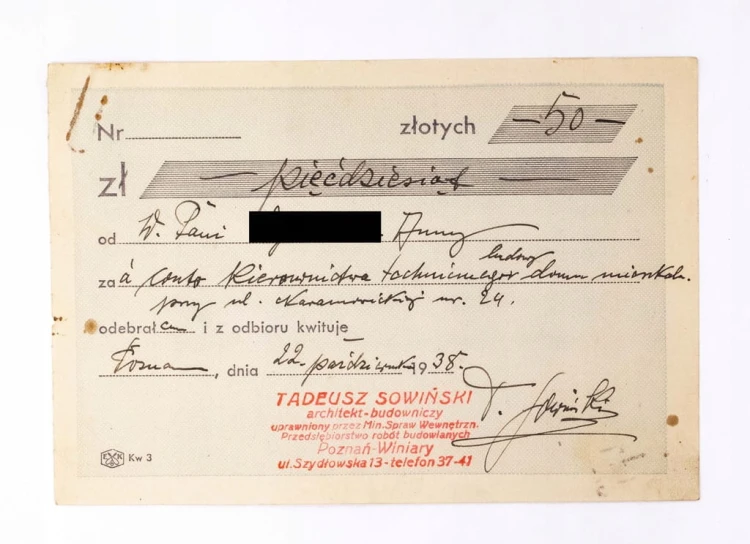 STARY RACHUNEK - ARCHITEKT BUDOWNICZY TADEUSZ SOWIŃSKI, POZNAŃ WINIARY 1938