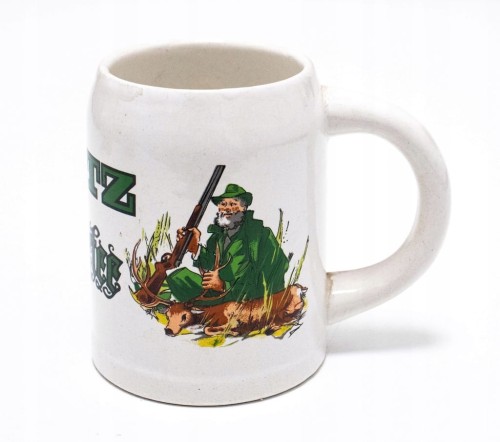 STARY CERAMICZNY KUFEL - SPITZ JAGERTEE AUSTRIA, MYŚLIWY ZE STRZELBĄ, JELEŃ