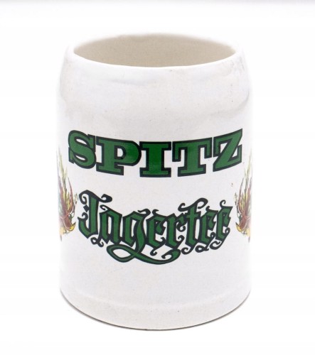 STARY CERAMICZNY KUFEL - SPITZ JAGERTEE AUSTRIA, MYŚLIWY ZE STRZELBĄ, JELEŃ