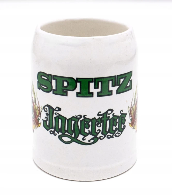 STARY CERAMICZNY KUFEL - SPITZ JAGERTEE AUSTRIA, MYŚLIWY ZE STRZELBĄ, JELEŃ