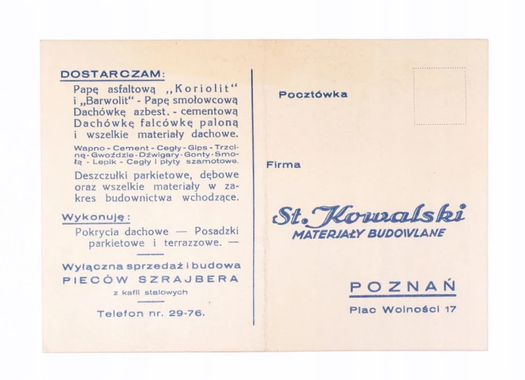 STARA REKLAMA / POCZTÓWKA - ST. KOWALSKI, MATERIAŁY BUDOWLANE, POZNAŃ