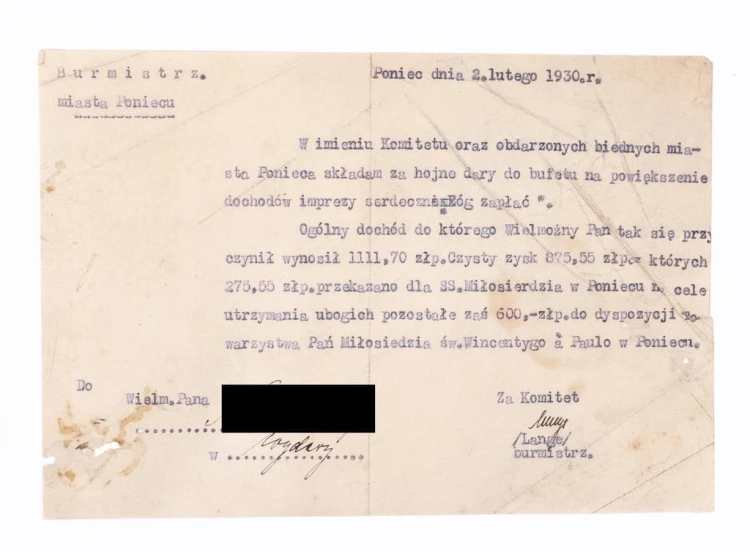 STARE PISMO - PODZIĘKOWANIE ZA DARY, BURMISTRZ MIASTA, PONIEC 1930