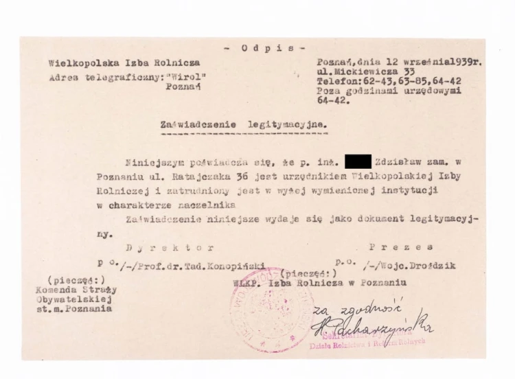 STARE PISMO LEGITYMACJA URZĘDNIKA, WIELKOPOLSKA IZBA ROLNICZA, POZNAŃ 1939