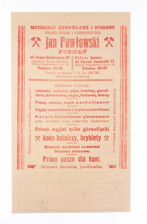 STARY RACHUNEK - SKŁAD PASZY I FURMAŃSTWO JAN PAWŁOWSKI, POZNAŃ 1938