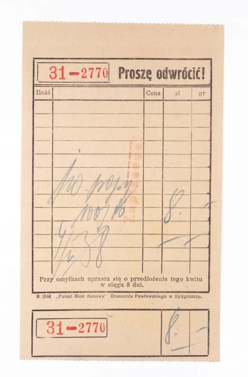 STARY RACHUNEK - SKŁAD PASZY I FURMAŃSTWO JAN PAWŁOWSKI, POZNAŃ 1938