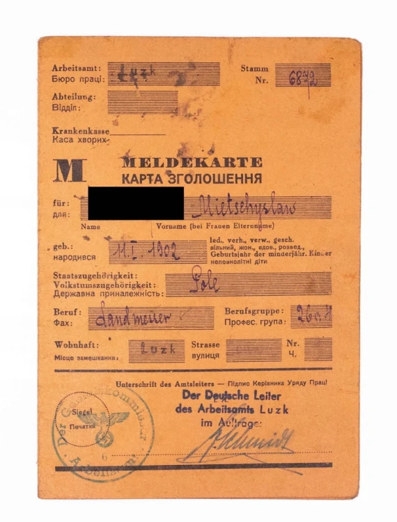 KARTA PRACOWNICZA - ŁUCK, III RZESZA 1942 - 1944