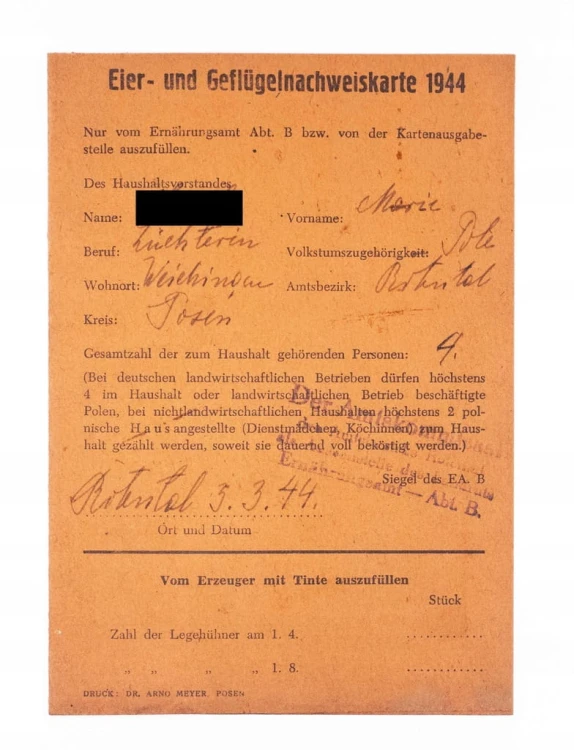 KARTA ŻYWNOŚCIOWA (JAJKA I DRÓB) - III RZESZA, MIĘKOWO / CZERWONAK 1944
