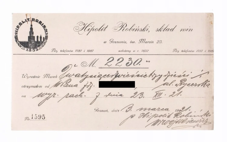STARY KWIT / RACHUNEK - HIPOLIT ROBIŃSKI, SKŁAD WIN, POZNAŃ 1921