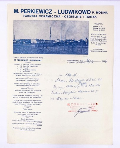 STARY RACHUNEK - CERAMIKA, CEGIELNIA M. PERKIEWICZ, LUDWIKOWO / MOSINA 1936