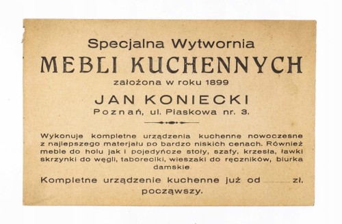 STARA REKLAMA - WYTWÓRNIA MEBLI KUCHENNYCH J. KONIECKI, POZNAŃ II RP