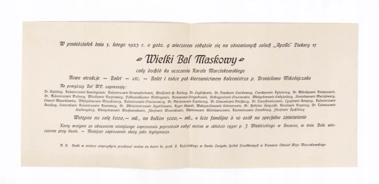 ZAPROSZENIE NA BAL MASKOWY UCZELNI K. MARCINKOWSKIEGO, POZNAŃ APOLLO 1923