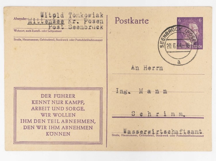 POCZTÓWKA - LIST DO INŻYNIERA BIURO GOSPODARKI WODNEJ STĘSZEW / ŚREM 1944