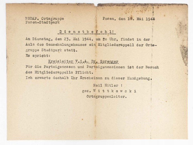 ZAPROSZENIE PARTYJNE NSDAP NA PRZEMÓWIENIE JAKOBA SPRENGERA POZNAŃ 1944