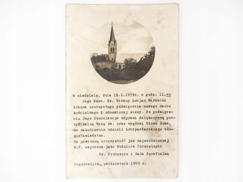 STARA FOTOGRAFIA - PAMIĄTKA POŚWIĘCENIA DACHU KOŚCIOŁA POGORZELICE 1959