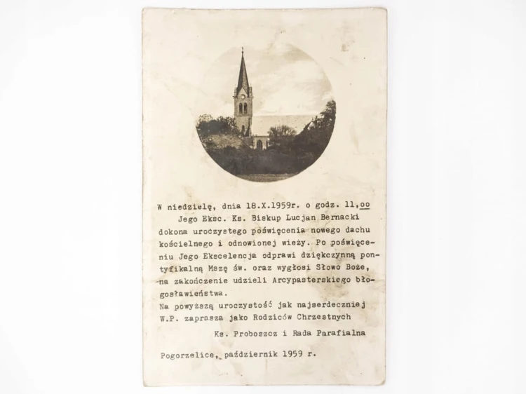 STARA FOTOGRAFIA - PAMIĄTKA POŚWIĘCENIA DACHU KOŚCIOŁA POGORZELICE 1959