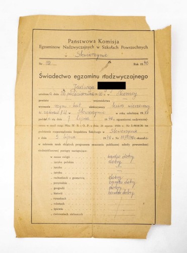 ŚWIADECTWO EGZAMINU NADZWYCZAJNEGO - SKWIERZYNA 1946