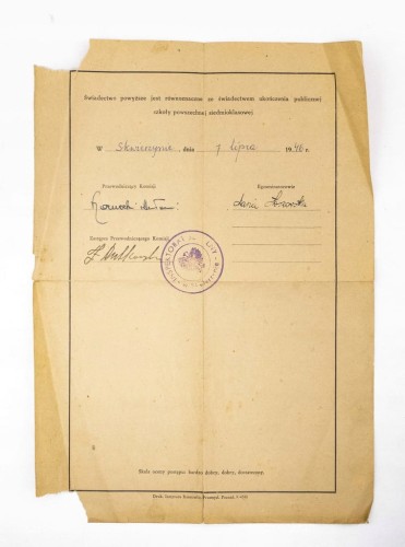 ŚWIADECTWO EGZAMINU NADZWYCZAJNEGO - SKWIERZYNA 1946