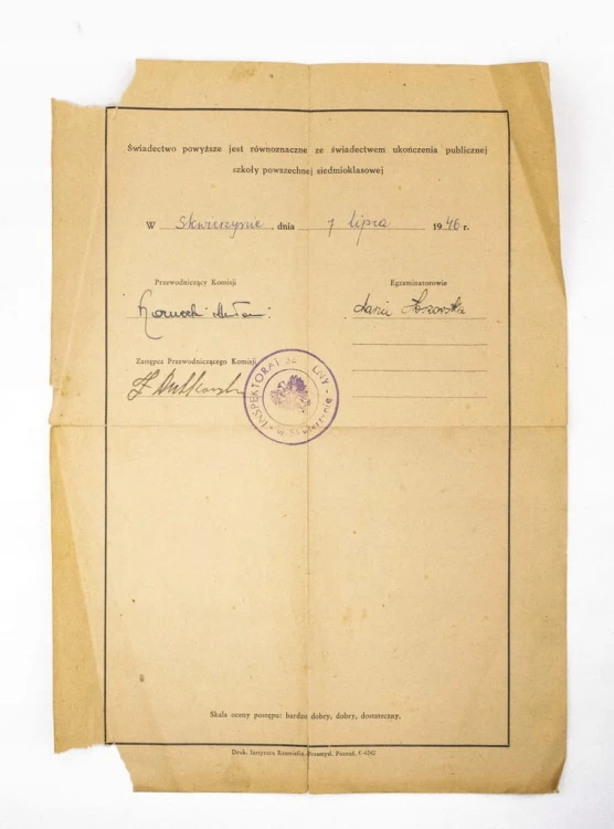 ŚWIADECTWO EGZAMINU NADZWYCZAJNEGO - SKWIERZYNA 1946