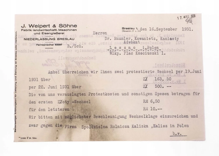 STARE PISMO - ODLEWNIA I FABRYKA MASZYN J. WEIPERT & SOHNE, WROCŁAW 1931