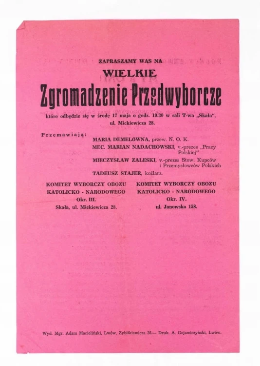 STARA REKLAMA / ULOTKA - WIELKIE ZGROMADZENIE PRZEDWYBORCZE, LWÓW II RP