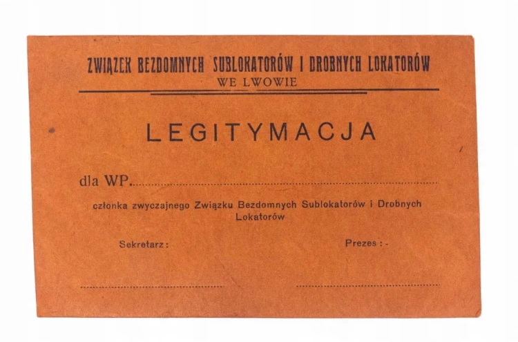 LEGITYMACJA ZWIĄZEK BEZDOMNYCH SUBLOKATORÓW I DROBNYCH LOKATORÓW LWÓW II RP