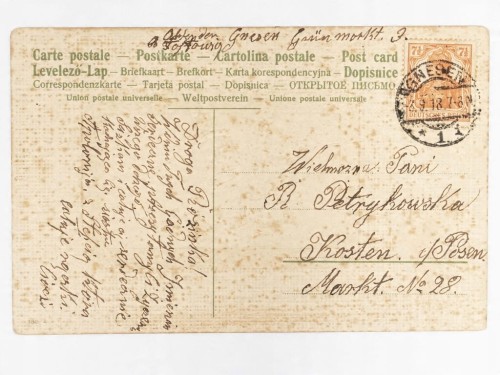 STARA POCZTÓWKA IMIENINOWA - JASKÓŁKI Z PODKOWAMI GNIEZNO / KOŚCIAN 1918