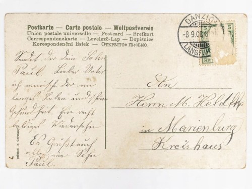 STARA POCZTÓWKA URODZINOWA - JASKÓŁKA Z KWIATAMI GDAŃSK / MALBORK 1908