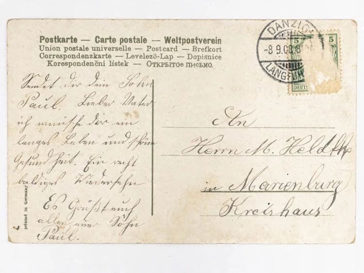 STARA POCZTÓWKA URODZINOWA - JASKÓŁKA Z KWIATAMI GDAŃSK / MALBORK 1908