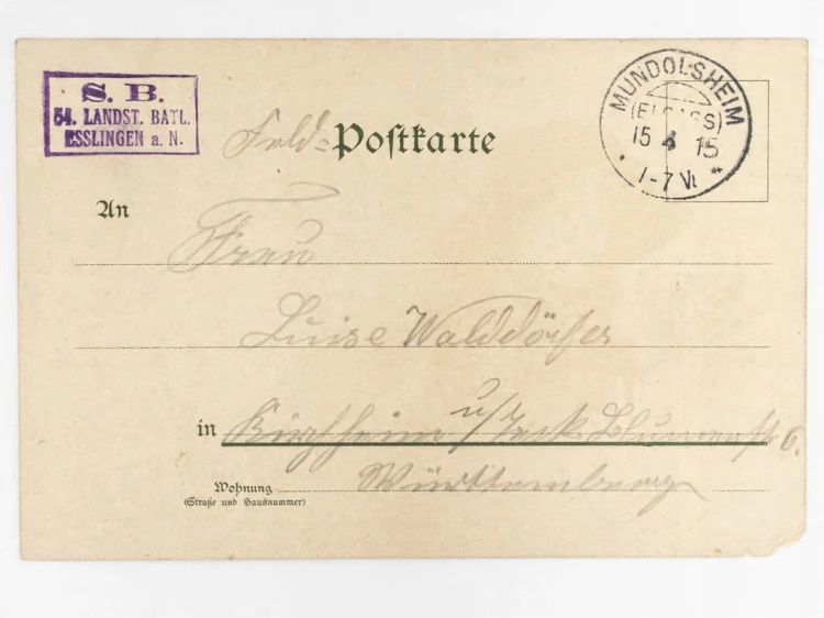 POCZTÓWKA - KOBIETA W STROJU LUDOWYM STEMPEL WOJSK MUNDOLSHEIM 1915 FRANCJA