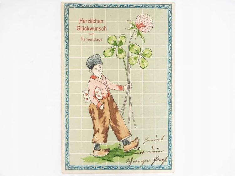 STARA POCZTÓWKA IMIENINOWA - CHŁOPIEC Z KONICZYNĄ NIEMCY 1904