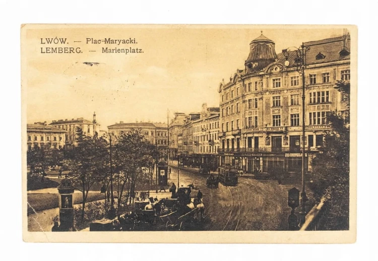 LWÓW - PLAC MARIACKI, TRAMWAJ, BRYCZKA, FELDPOST 1916