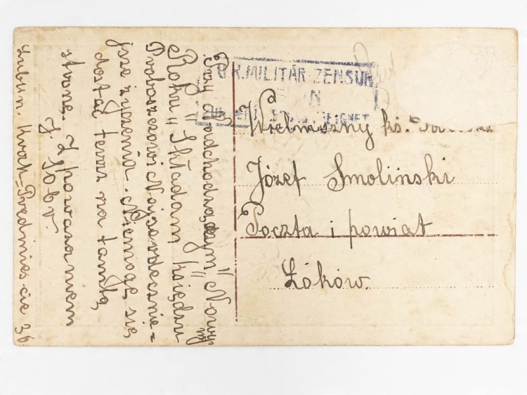 POCZTÓWKA DO KS. J. SMOLIŃSKIEGO 4 PUŁK STRZELCÓW WLKP LUBLIN / ŁUKÓW 1918