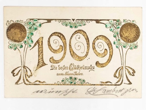 STARA POCZTÓWKA NOWOROCZNA - ŻYCZENIA Z IMITACJĄ MAREK BERLIN 1908 NIEMCY