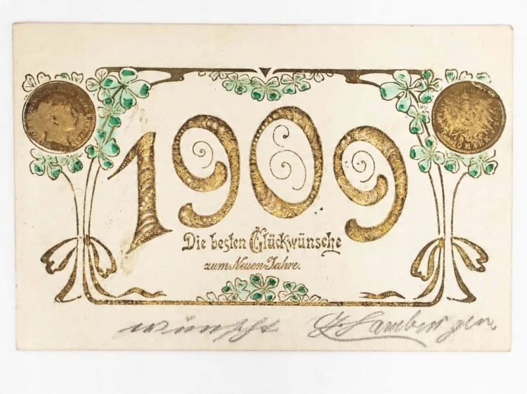 STARA POCZTÓWKA NOWOROCZNA - ŻYCZENIA Z IMITACJĄ MAREK BERLIN 1908 NIEMCY