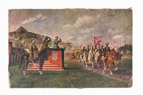 STARA POCZTÓWKA - JÓŻEF PIŁSUDSKI WITA KAWALERIĘ NA BŁONIACH, KRAKÓW 1933