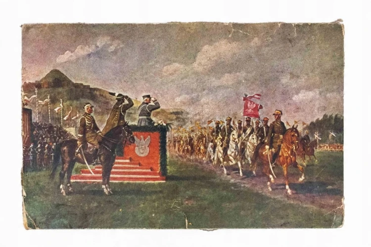 STARA POCZTÓWKA - JÓŻEF PIŁSUDSKI WITA KAWALERIĘ NA BŁONIACH, KRAKÓW 1933