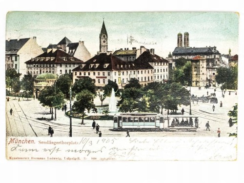 MONACHIUM - SENDLINGERTHORPLATZ Z BRAMĄ I TRAMWAJEM NIEMCY / WSCHOWA 1905