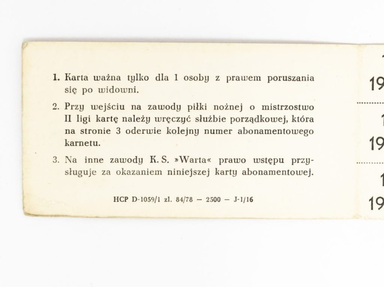 CZŁONKOWSKA KARTA ABONAMENTOWA NA MECZE KS WARTA POZNAŃ HCP 1978 PRL