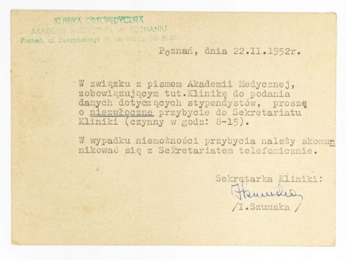 KARTKA POCZTOWA WEZWANIE DO SEKRETARIATU AKADEMII MEDYCZNEJ POZNAŃ 1952 PRL