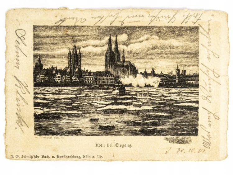 KOLONIA - RZEKA PODCZAS DRYFU LODU Z KATEDRĄ W TLE NIEMCY / WSCHOWA 1901
