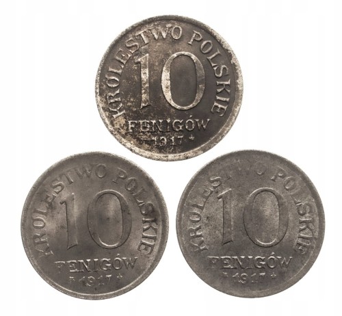 Królestwo Polskie, zestaw ( 3 szt.) 10 fenigów 1917, Stuttgart